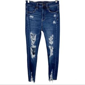 American Eagle Sz 6 SHORT Hi Rise Jegging Distressed Raw Hem Dark Wash